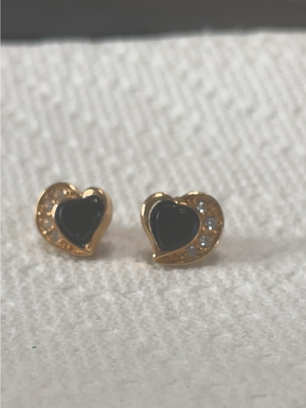 Avon Gold Heart Earrings with Black Center and Crystal Accents